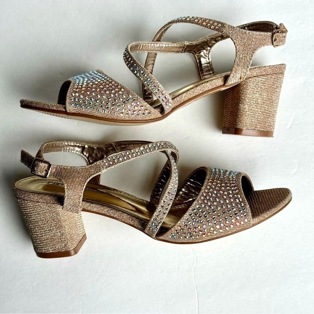 Pierre Dumas Women's Size 7 Prom Gold Rhinestone Strappy High Heel Sandals Party